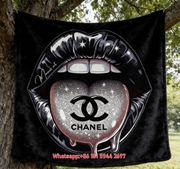 Glam Glitter Chanel Lips & Double C Logo Flannel Sofa Throw Blanket IMG_6977